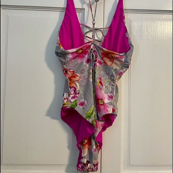 TiniBikini Other - Floral swimsuit. Size xL. Plunge lace up front, gray floral and fuchsia